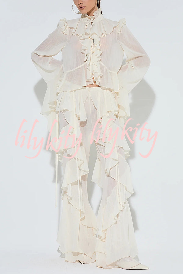 Fashionable Ruffled Elastic Waist Holiday Style Flared Pants