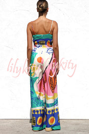 Unique Printed Back Pleated Suspenders Loose Pocket Wide-leg Jumpsuit