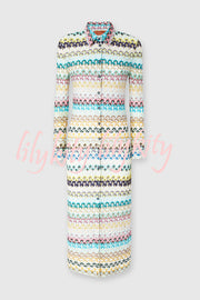 Anna Knit Colorful Herringbone Print Shirt Neck Button Long Sleeve Slim-fit Long Cardigan