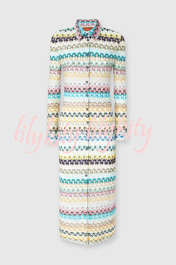 Anna Knit Colorful Herringbone Print Shirt Neck Button Long Sleeve Slim-fit Long Cardigan
