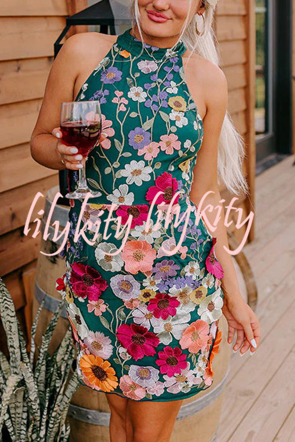 Wish Upon A Dream Floral Applique Halter Mini Dress