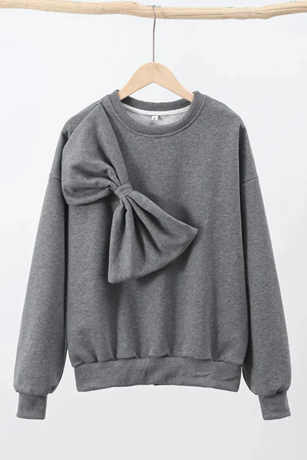 Solid Color Round Neck Long Sleeve Bow Loose Sweatshirts