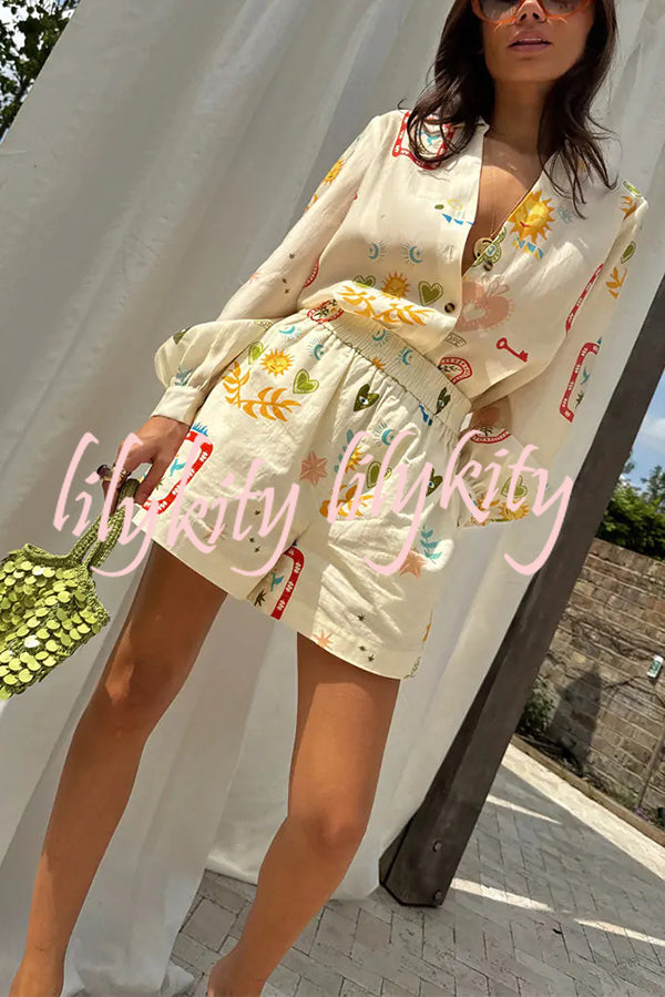 Funny Vacation Unique Printed Long Sleeve Shirt and Elastic Waist Pocket Loose Shorts Set