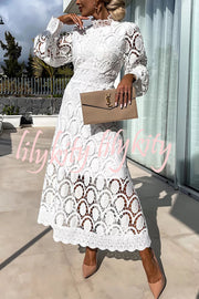 Romantic, Sensual and Elegant Crochet Lace Lantern Sleeve Party Midi Dress