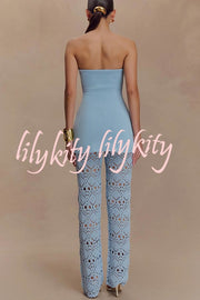 Trena Crochet Knit Hollow Mid Rise Stretch Wide Leg Pants