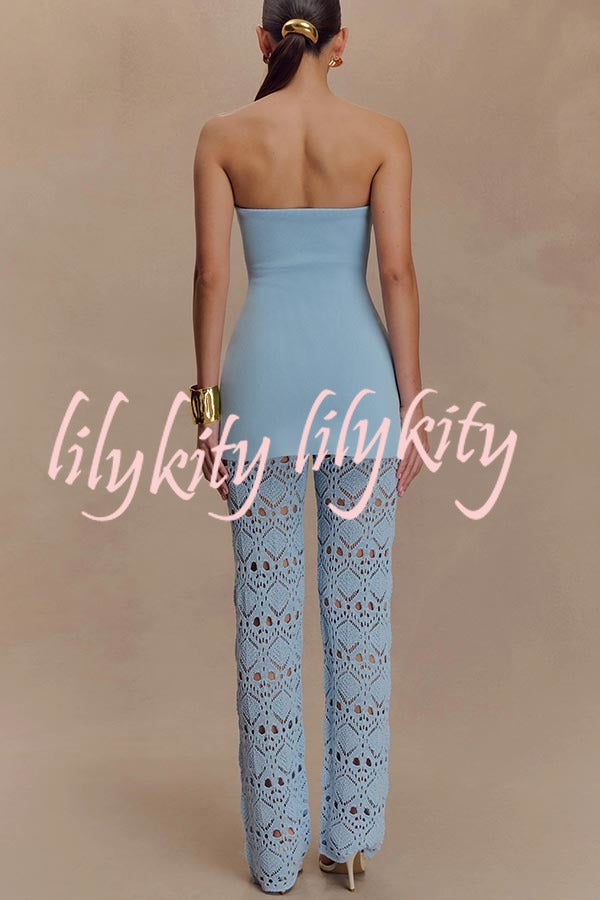 Trena Crochet Knit Hollow Mid Rise Stretch Wide Leg Pants