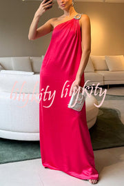 Charming Glance Satin Metal Hardware One Shoulder Loose Maxi Dress