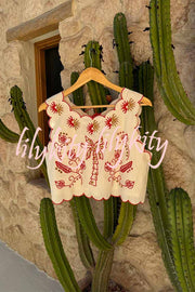 Sunny Day Linen Blend Contrast Embroidered Print Scallop Trim Lace-up Top
