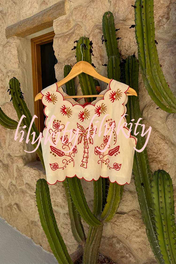 Sunny Day Linen Blend Contrast Embroidered Print Scallop Trim Lace-up Top