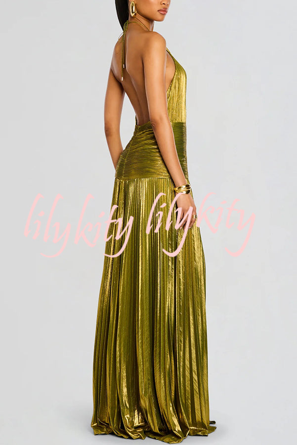Glamorous Metallic Pleated Fabric Open Back Halter Slit Maxi Dress