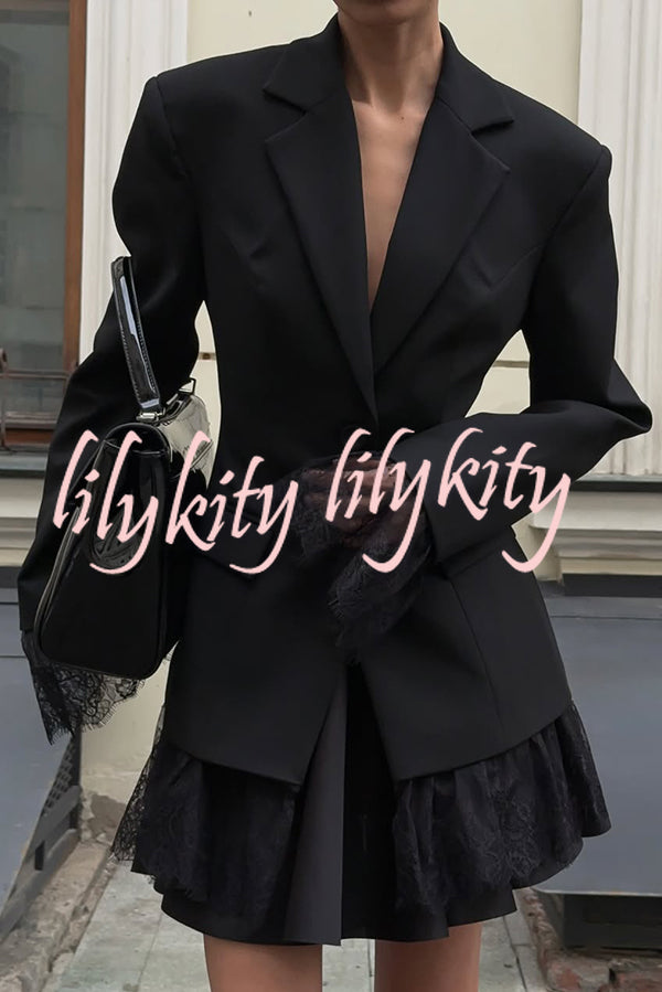 Solid Color Lace Panel Long Sleeve Button Elegant Blazer