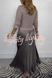 Stylish Knitted Round Neck Long Sleeve Patchwork Pleated Hem Maxi Dress