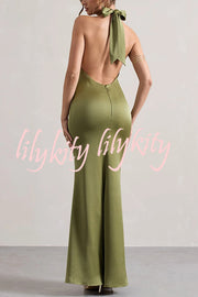 Solid Color Halter Neck Tie Sexy Backless Slim Maxi Dress