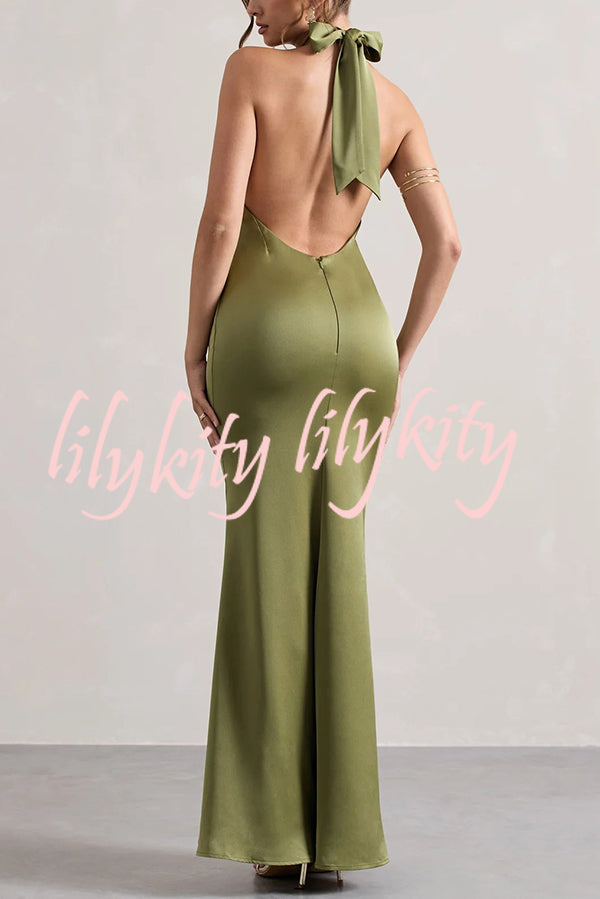 Solid Color Halter Neck Tie Sexy Backless Slim Maxi Dress