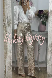 Glitzy Glamour Sequin High Rise Elastic Waist Wide Leg Pants