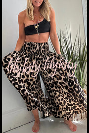 Stella Leopard Print High Rise Smocked Waist Pocketed Wide Leg Pants