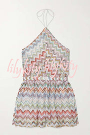 Juney Knit Colorful Zigzag Pattern Halter Neck Slit Wide Leg Loose Romper