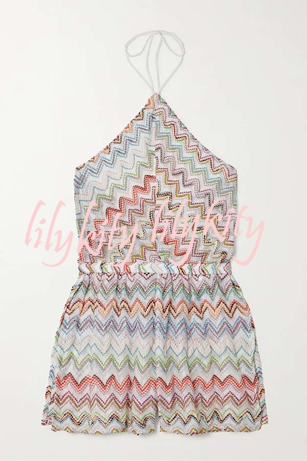 Juney Knit Colorful Zigzag Pattern Halter Neck Slit Wide Leg Loose Romper