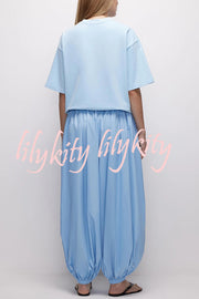 Solid Color Casual Pocket Elastic Waist Lantern Wide Leg Pants