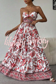 Floral Print Cutout Bandeau Top and Elastic Waist Full Maxi Skirt Set