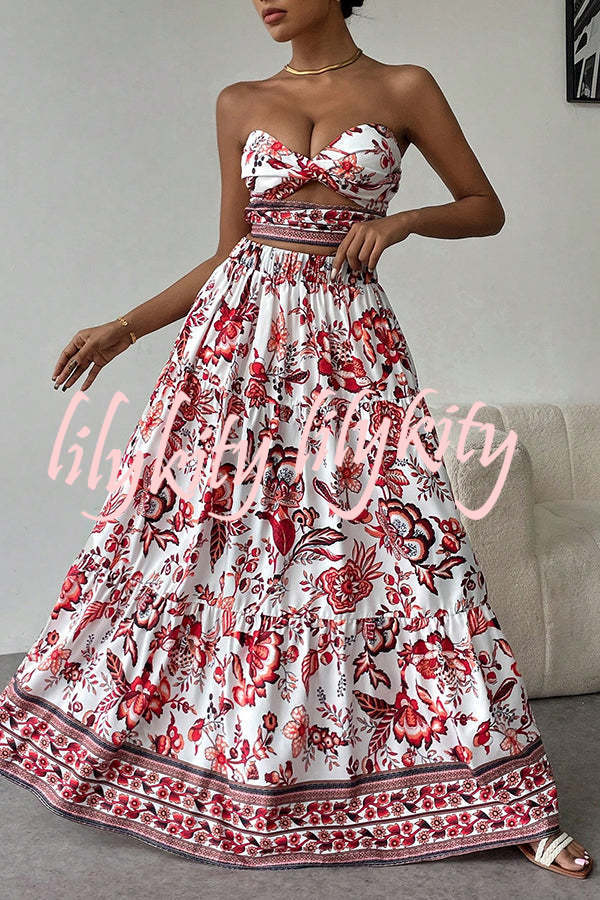 Floral Print Cutout Bandeau Top and Elastic Waist Full Maxi Skirt Set