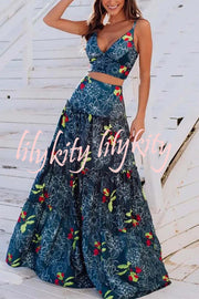 Unique Printed Suspenders Top and Loose Paneled Beach Maxi Skirt Set