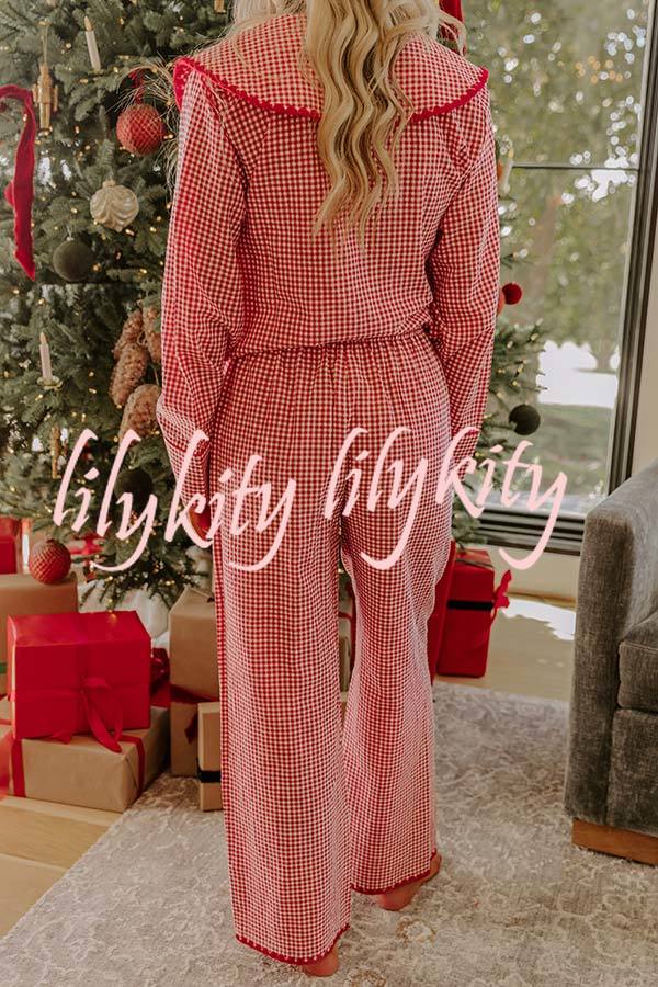 Nutcracker Charm Embroidered Gingham Loose Shirt and Elastic Waist Pajama Set