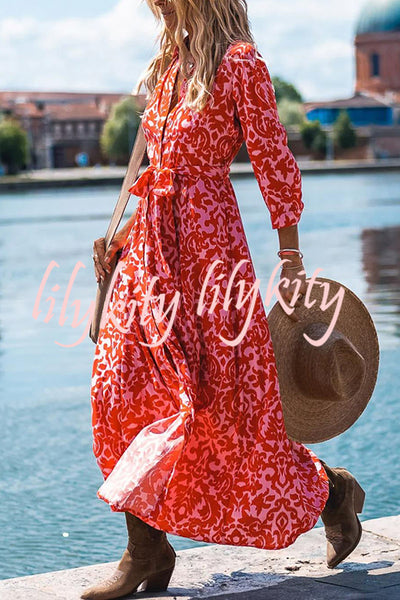 Lapel Slit Floral Print Lace Up Button Maxi Dress