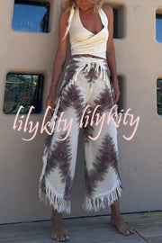 Katy Linen Blend Tie-dye Wrap Tie-up Tassel Trim Pants