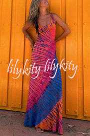 La Bamba Tie-dye Print Back Lace-up Stretch Maxi Dress