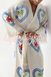 Maia Linen Blend Unique Print Belt Swimwear / Lounge Cover-up Robe