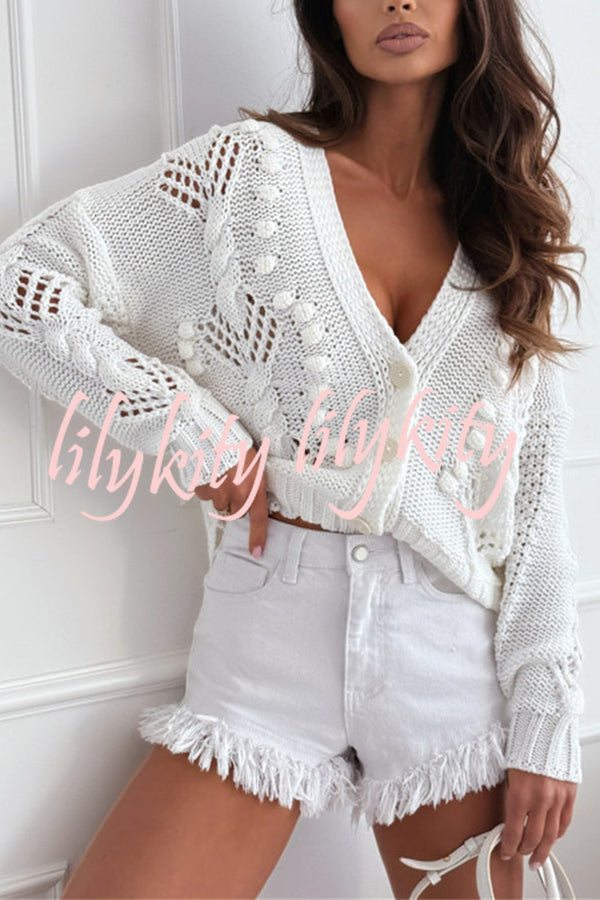 Fashion Hollow Long Sleeve V-neck Button Loose Knitted Cardigan