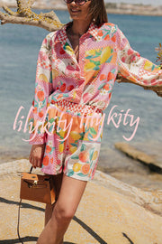 Leisurely Outings Summer Fruit Print Loose Long Sleeve Shirt and Elastic Waist Pocket Shorts Set