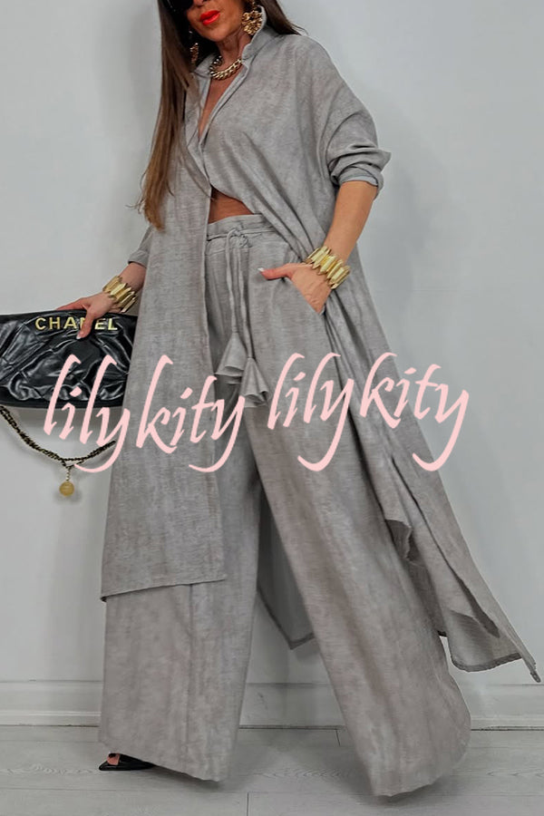 Solid Color Casual Loose Long Shirt and Elastic Waist Pocket Wide Leg Pants Set