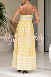 Striped Polka-dot Print Sling Pleated Open-back Maxi Dress