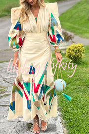 Highest Elegance Colorful Triangle Print Padded Shoulder Blouse and High Rise Maxi Skirt Set