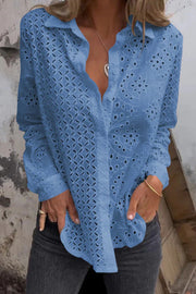 Solid Color Cutout Long-sleeved Loose Button-down Shirt