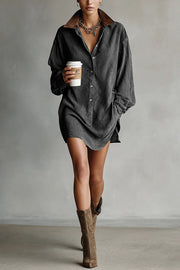 Fashionable Loose-fitting Long-sleeved Shirt-style Retro Mini Dress