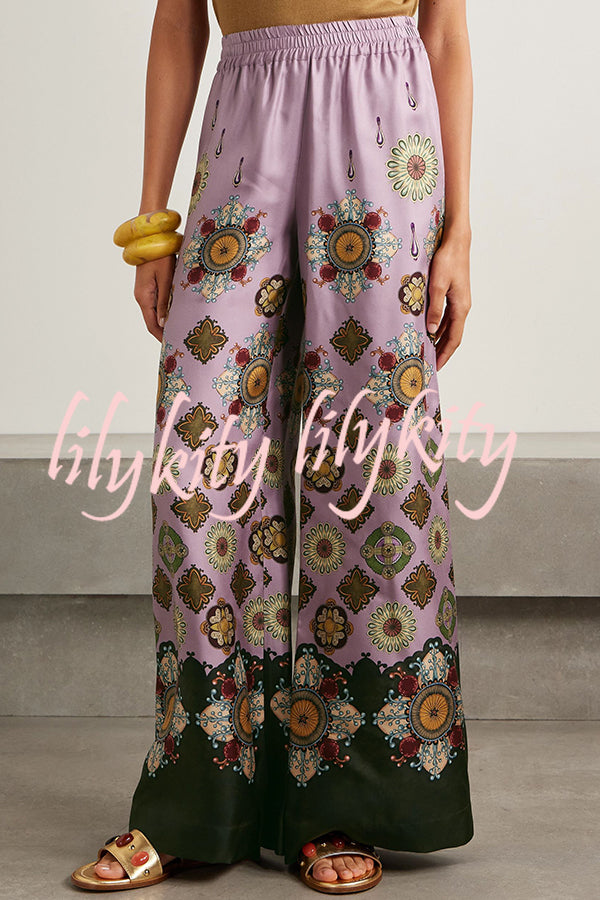 Satin Unique Print Loose Batwing Sleeve Top and Elastic Waist Pocket Casual Wide-leg Pants Set