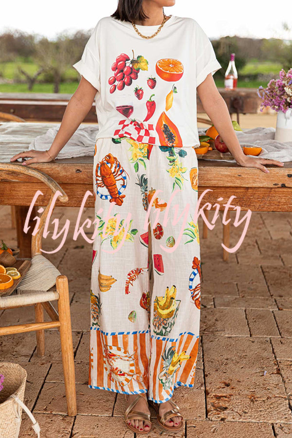Unique Printed Elastic Waist Pocket Vacation Casual Wide Leg Pants