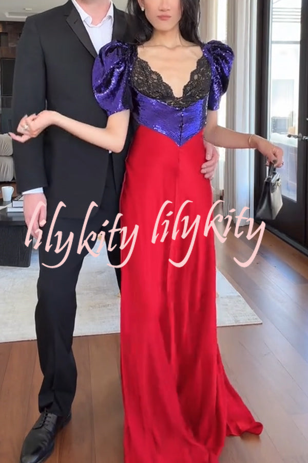 Like Snow White Sequin Lace Puff Sleeve Satin Hem Maxi Dress