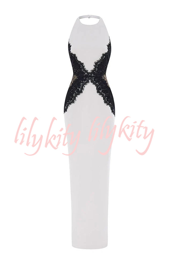 Sexy Halterneck Lace Paneled Backless Slim Maxi Dress