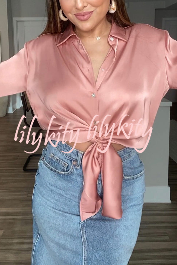 Switch Styles At Will Satin Botton Up Long Sleeve Relaxed Blouse