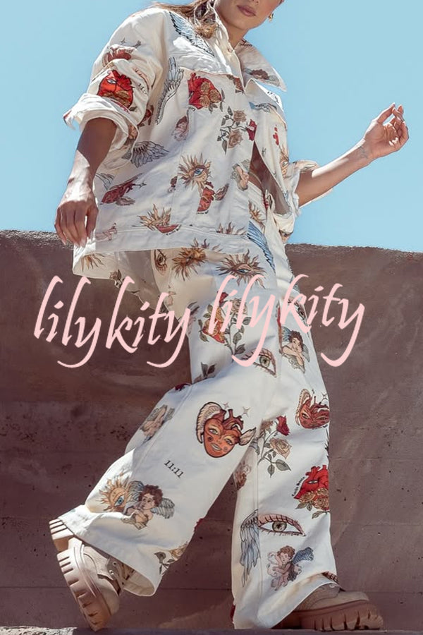 Angel Wings Denim Unique Print Mid Rise Pocket Loose Pants