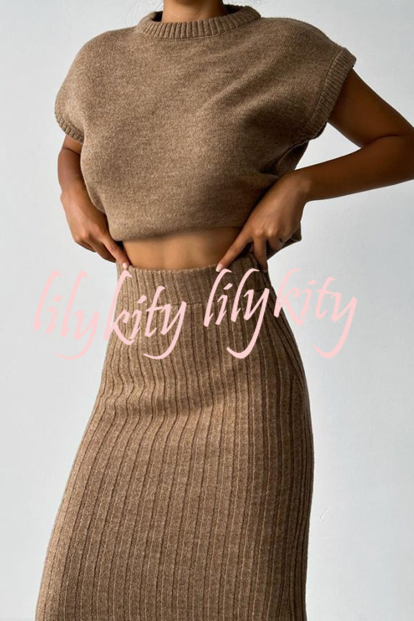 Triko Knit Short Sleeve Sweater and Stretch Ribbed Midi Skirt Set