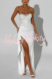 Amazing Dream Sequin Satin Patchwork Off Shoulder Ruffles Drape Slit Maxi Dress