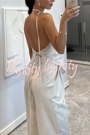 Moriah Striped Thin Strap Halter Neck Scarf Top and Pocketed Wide Leg Pants Set
