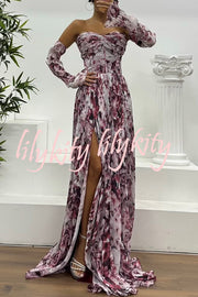 Reina Chiffon Floral Print Pleated Bodice Split Sleeve Strapless Slit Maxi Dress