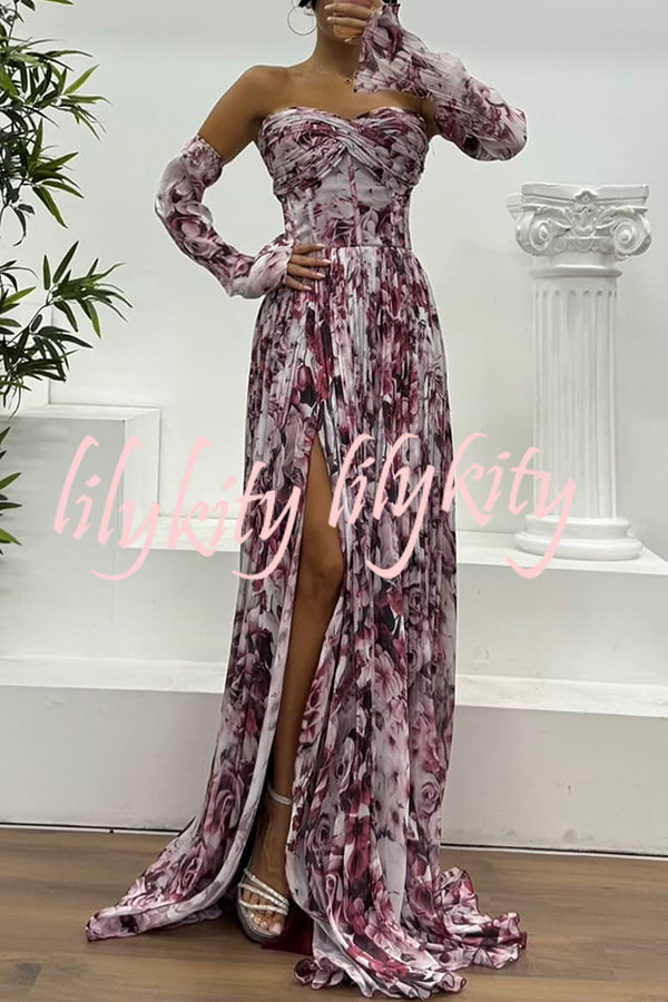 Reina Chiffon Floral Print Pleated Bodice Split Sleeve Strapless Slit Maxi Dress