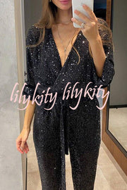 Cheers To You Sequin Long Sleeve Belted Wrap Loose Jumpsuit